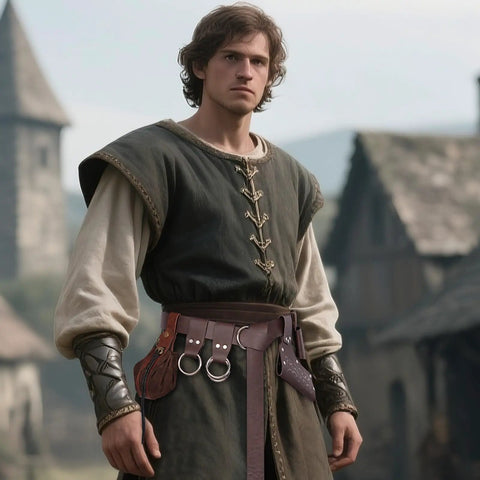 Person wearing Totally All In One Medieval Renaissance Sword Belt Set for pirate costumes and LARP gear in a village setting.