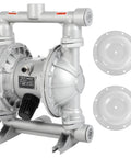 Air-operated double-diaphragm pump, metal body, 1/2 in outlet, front view with two mounting flanges