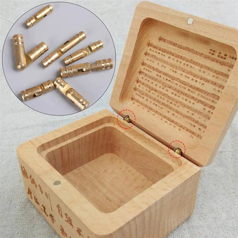 Mini Folded Box Concealed Barrel Hinge Set In Pure Copper For Furniture, shown on open wood box with inset of hinge detail