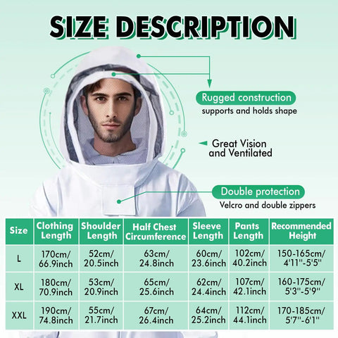 Beekeeping Essentials Starter Kit For Beginners With Full Body Bee Suit size chart showing L, XL, and XXL dimensions and features.