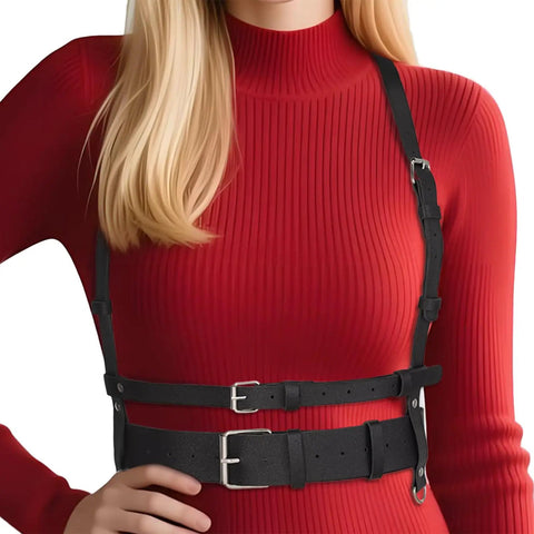 Premium Punk Leather Harness Belt For Women Adjustable Corset Waist Strap worn over a red top, showcasing a custom fit and stylish design.