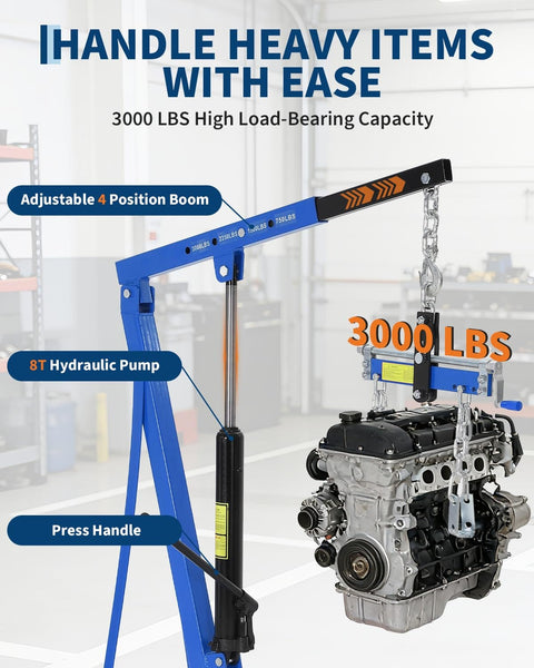 1.5 Ton Hydraulic Engine Hoist With Telescoping Boom Shop Crane For Garage And Warehouse Use 3000 Lb Capacity Blue lifting engine