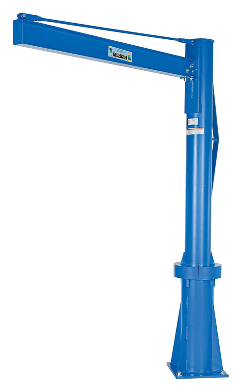 Rock Solid Transportable Jib Crane Featuring Smooth Friction Brake Design Flows Between Workstations While Crushing 1000 Pounds Without A Sweat For Your Busy Warehouse Floor And Industrial Job Sites - blue jib crane with supporting base.
