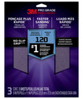 Front view of Pro Grade Precision Faster Sanding Sheets 120 Grit Medium, 9x11 inch, Triple Pack with packaging details.