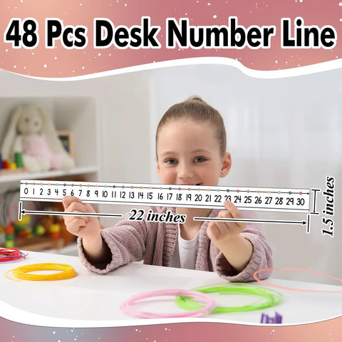 Child holding 48 Piece Laminated Number Line Set 0 To 30 For Student Desks Classroom Math Decor Boho Style Counting Practice Strips