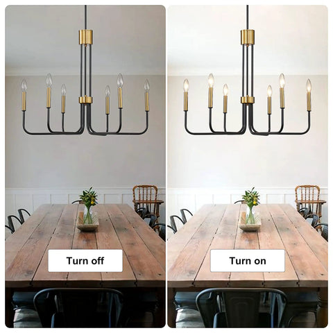 Six Light Black And Gold Farmhouse Chandelier For Dining Room And Kitchen Island in dining area, unlit vs lit view