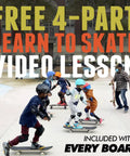 Group of young skaters learning on ice cream themed girls skateboard with 7 ply maple deck 27.5 inch, 51mm 95A wheels, in a skatepark