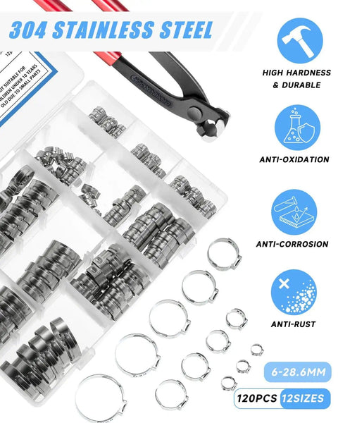 All In One 120 Piece Hose Clamp Kit With 304 Stainless Steel Single Ear Clamps, sizes 5.3mm to 28.6mm, with pincer and case