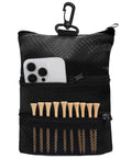 Golf Bag Organizer Pouch with 3 zip pockets and sturdy hook, storing phone and 10 wood tees, black multi-pocket design.