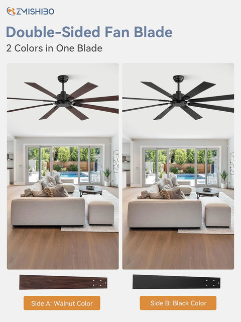 72 Inch Ceiling Fan No Light With Remote Control 8 Blades Quiet DC Reversible Motor 6 Speed Timer Black Finish Indoor Outdoor