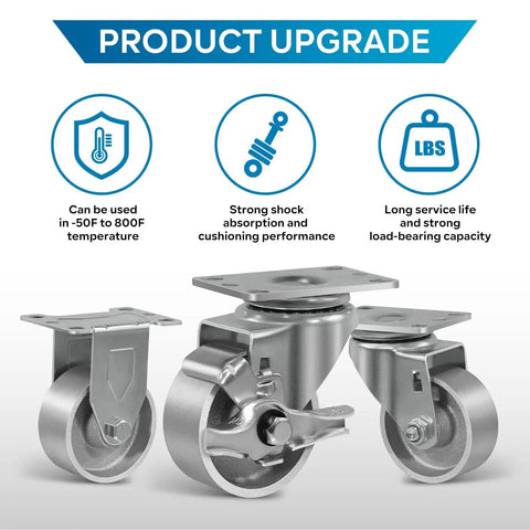 Industrial Casters Set Of 4 With 3 Inch By 1.25 Inch Cast Iron Wheel And Steel Frame, Heavy Duty Brakes, shown with upgrade features