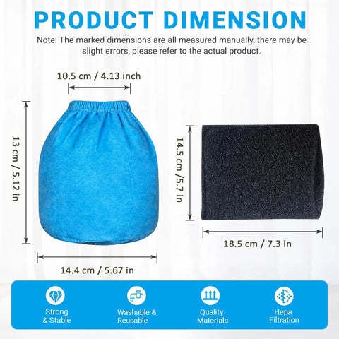 Pro Grade Cloth And Foam Filter Kit dimensions for 1.5-3.2 gallon wet dry vacuums with size measurements in cm and inches