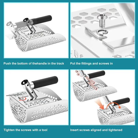 Assembly guide for sand scoop for metal detecting and treasure hunting stainless steel shovel with adjustable length