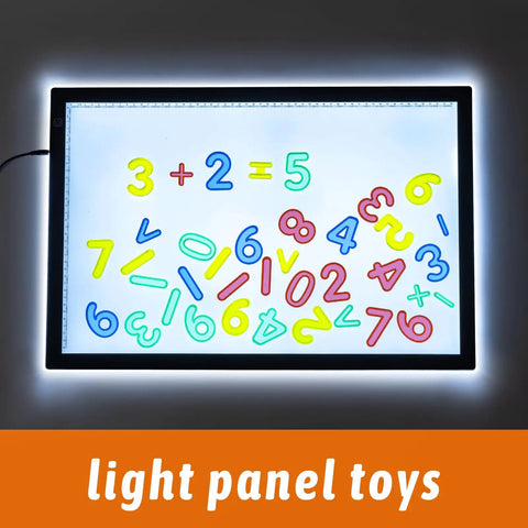 48 Pieces Plastic Numbers And Symbols Early Math Set For Light Table Manipulatives in bright translucent colors on display.
