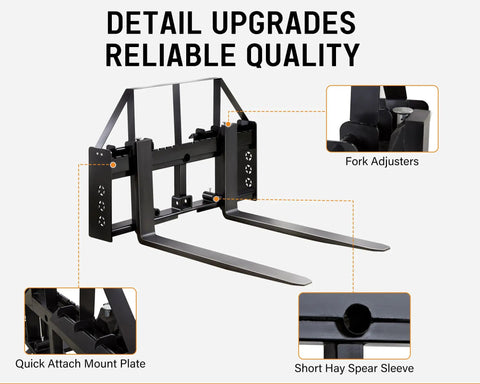 Premium Heavy Duty 45 Inch Tractor Pallet Forks Paired With Robust 50 Inch Forklift Blades focus on quality details and attachments.