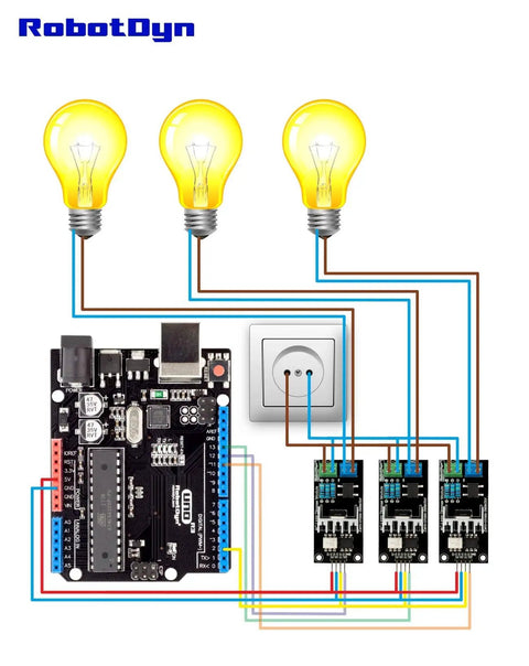 Wiring setup of PWM AC Programmable Light Dimmer Module 110V To 220V With Heat Sink for Arduino connected to light bulbs