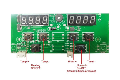 120W Ultrasonic Cleaner PCB Driver Board Kit With 40KHz Transducer Pair Control Panel 220V Power Top Notch Cleaning For Small Parts And Jewelry Includes 2 Transducers And Wiring showing control panel features and buttons