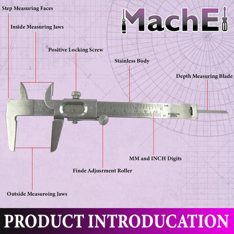 Diagram of Pro Grade Non Digital Vernier Caliper For Inside Outside And Depth Measurements, Stainless Steel Body