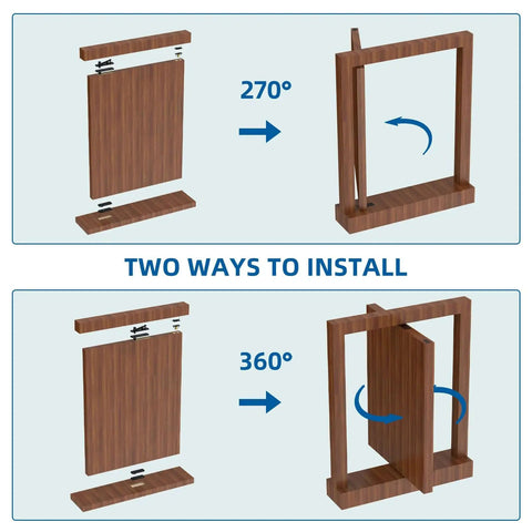 Diagram showing two ways to install a hidden door hinge 304 stainless steel built tough with 570 lbs load capacity, 270° and 360° rotation options.