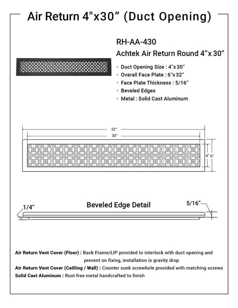 Diagram of Beefy Solid Cast Aluminum HVAC Air Return Grill Vent Cover For 4x30 Duct Opening, 6x32 Overall Size, Beveled Edges