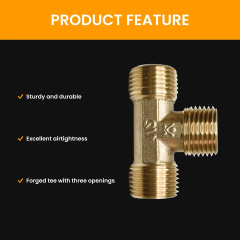 Brass 1/2 in male-threaded T-fitting, three-way pipe connector, front view
