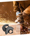 Worker using electric grinder with two pack angle grinder guard covers for dust protection and safe polishing, sparks flying