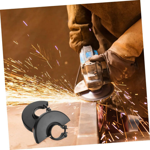 Worker using electric grinder with two pack angle grinder guard covers for dust protection and safe polishing, sparks flying