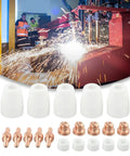 Premium 20-Pack Plasma Cutter Consumables For PT-31 Torch Nozzle Tips Electrodes on display with spark backdrop.