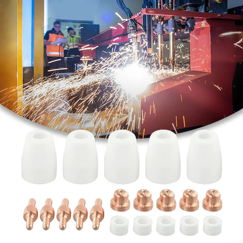 Premium 20-Pack Plasma Cutter Consumables For PT-31 Torch Nozzle Tips Electrodes on display with spark backdrop.