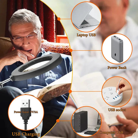 Senior using 15X Lighted Magnifying Glass With Real Glass Lens for reading, showing USB connections for multiple power sources.