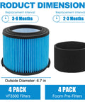 VF3500 Filter Replacement Fits Rigid Three To Four And A Half Gallon Wet Dry Portable Vacuums Fine Dust Filter 26643 Replaces WD40700 WD30500 Two Pack shown with measurements and foam pre-filters.