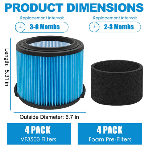 VF3500 Filter Replacement Fits Rigid Three To Four And A Half Gallon Wet Dry Portable Vacuums Fine Dust Filter 26643 Replaces WD40700 WD30500 Two Pack shown with measurements and foam pre-filters.