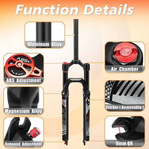 Air MTB Suspension Fork With Rebound Adjustment For 26 27.5 29 Wheels, 120mm Travel, Straight 28.6mm Tube, 9mm QR, detailed view