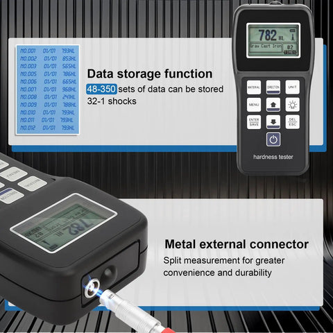 Portable Metal Hardness Tester Kit With Test Block Pen Type Gauge Seven Hardness Scales On The Go, digital display and connector detail