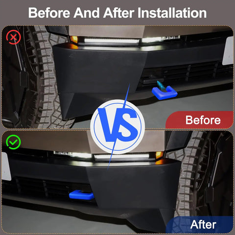 Before and after installation of blue tow hook covers on Tesla Cybertruck 2023 2024 2025, showcasing precise fit and protection.