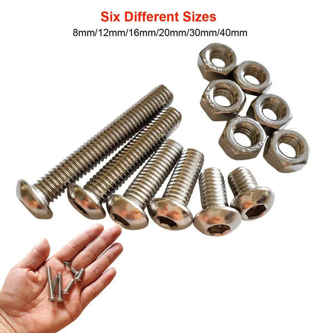 84 Piece M6 Hex Socket Bolts And Nuts Set Stainless Steel 304 Hardware Kit with 8mm to 40mm bolts and nuts shown in hand