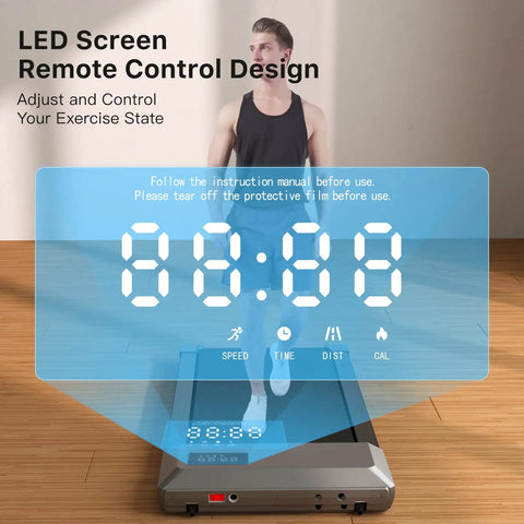 Portable Under Desk Walking Pad Treadmill With Remote And 300 Lb Capacity Hassle Free Setup Compact Home Office Fitness Gear to Clock Up Steps While You Type In Gray LED screen display shows speed, time, and distance.