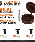 Plastic Hinged Screw Covers With Flip Tops In Brown For Exposed Screws Rust Protection Snap Washer Caps 100 Piece Pack Easy To Install Pro Grade Protective Caps For Fasteners And Holes showing compatible screw sizes and a single cap