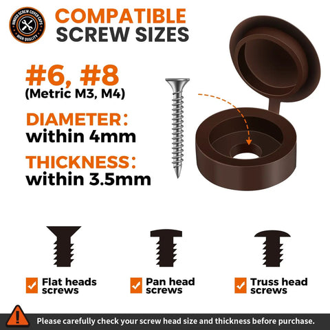 Plastic Hinged Screw Covers With Flip Tops In Brown For Exposed Screws Rust Protection Snap Washer Caps 100 Piece Pack Easy To Install Pro Grade Protective Caps For Fasteners And Holes showing compatible screw sizes and a single cap