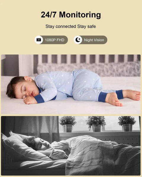 Indoor Security Cam 1080P Plug In WiFi For Home Security, baby monitor showcasing night vision with sleeping child and night scene.