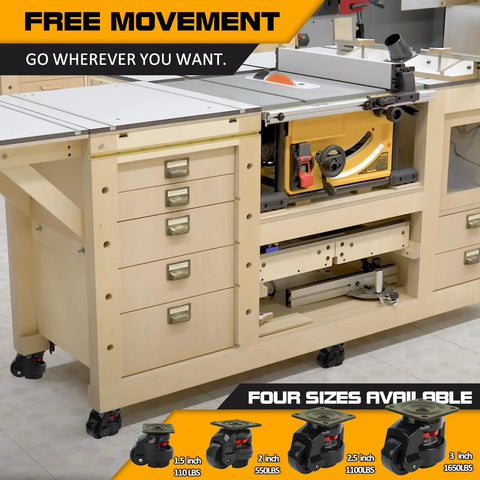 Beefy Heavy Duty Leveling Casters Set Of 4 With 110 Lb Per Wheel Capacity, installed on industrial equipment showing free movement