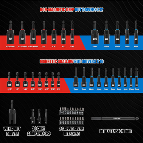 55 Piece Magnetic Nut Driver Set For Impact Drill Deep And Shallow SAE And Metric Includes Screwdriver Bits Bit Extension Bar