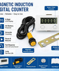 Super Smooth 5 Digit Digital Row Counter Counting Up To 99999 With Hella Snappy Auto Proximity Sensor And Heavy Duty Magnetic Grip For Effortless Knitting And Crochet Row Tracking, showing digital LCD counter with magnetic sensor.