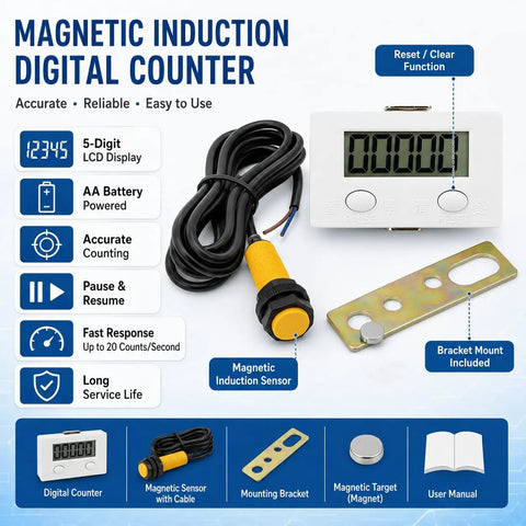 Super Smooth 5 Digit Digital Row Counter Counting Up To 99999 With Hella Snappy Auto Proximity Sensor And Heavy Duty Magnetic Grip For Effortless Knitting And Crochet Row Tracking, showing digital LCD counter with magnetic sensor.