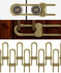 10 Pack No Drill No Adhesive Baby Cabinet Locks For Cabinets With Knobs Or Handles in Gold Finish shown installed and uninstalled.
