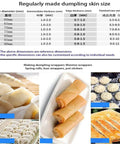 Table of dumpling skin sizes and thicknesses with images of various wrappers for Automatic Dumpling Skin Maker 140W Electric Dough Processor.