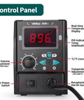 959D I Digital Hot Air Rework Station control panel with real-time temperature display, PID stabilization, and power switch.
