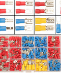 280-piece insulated crimp terminal kit with red, blue, yellow 2.8/4.8/6.3 mm spade connectors in a plastic organizer.