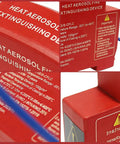 Smart Din Rail Fire Extinguisher Featuring Auto Heat Aerosol Release Ideal For Circuit Breaker Panels And Home Switchgear To Tackle Flames Smooth Zero Sweat Guaranteed, red device with safety information.