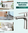 Brushed Nickel Single Handle Bathroom Faucet Heavy Duty Cold Water Design With Rock Solid Stainless Steel Build And Rust Proof Finish in various settings.